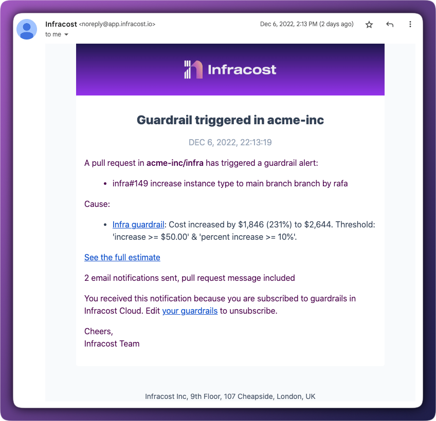 Example email notification