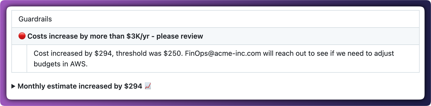 Example pull request comment with a custom message