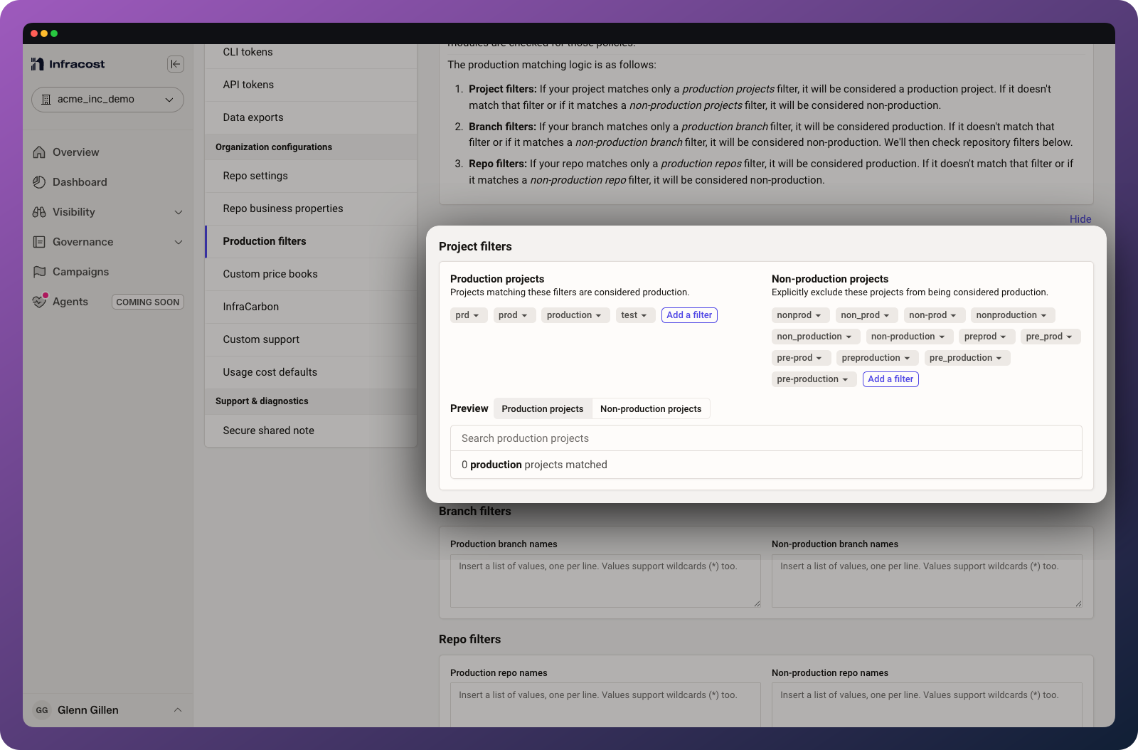 Production filters can be defined in the Org Settings.