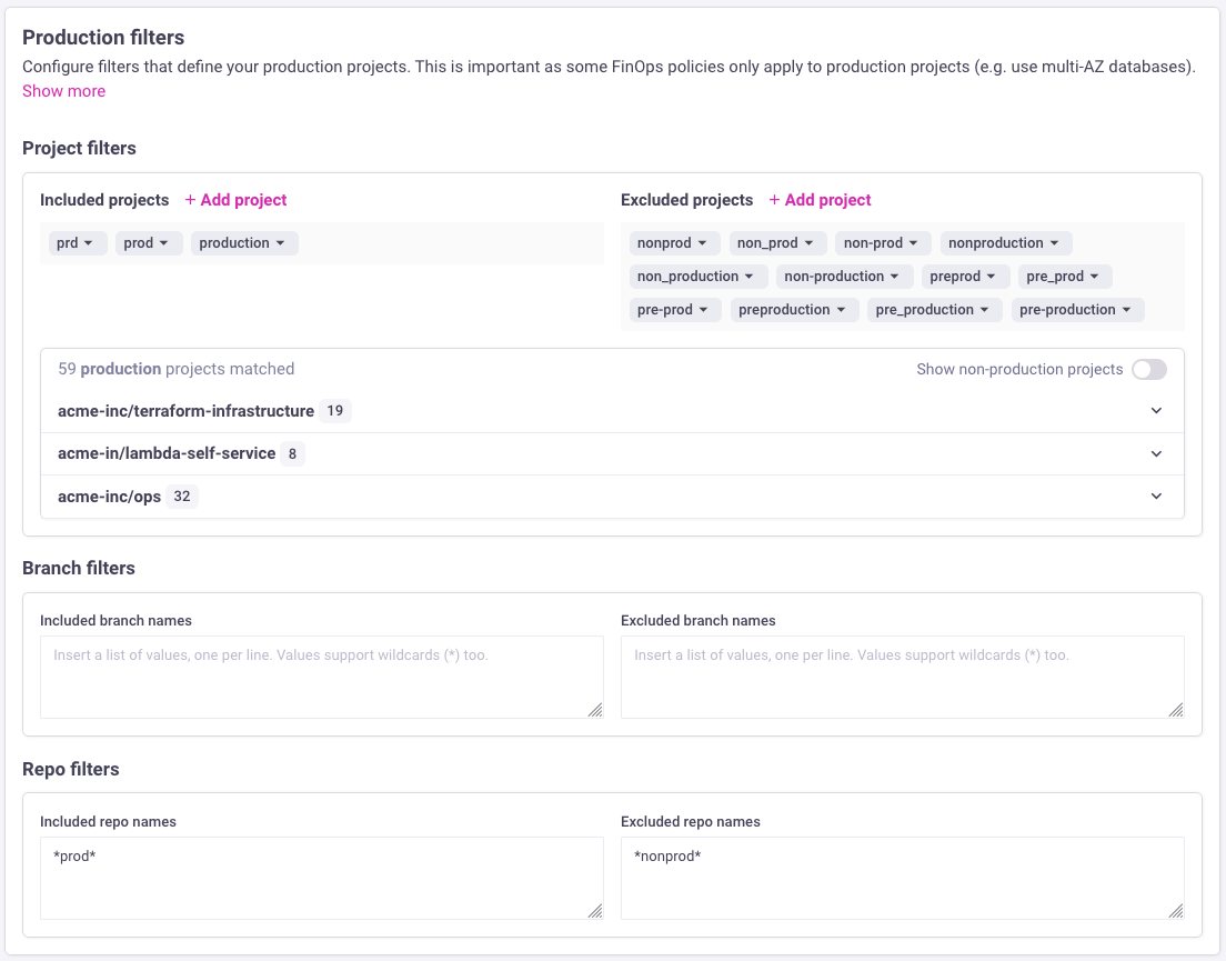 Production filters can be defined in the Org Settings.