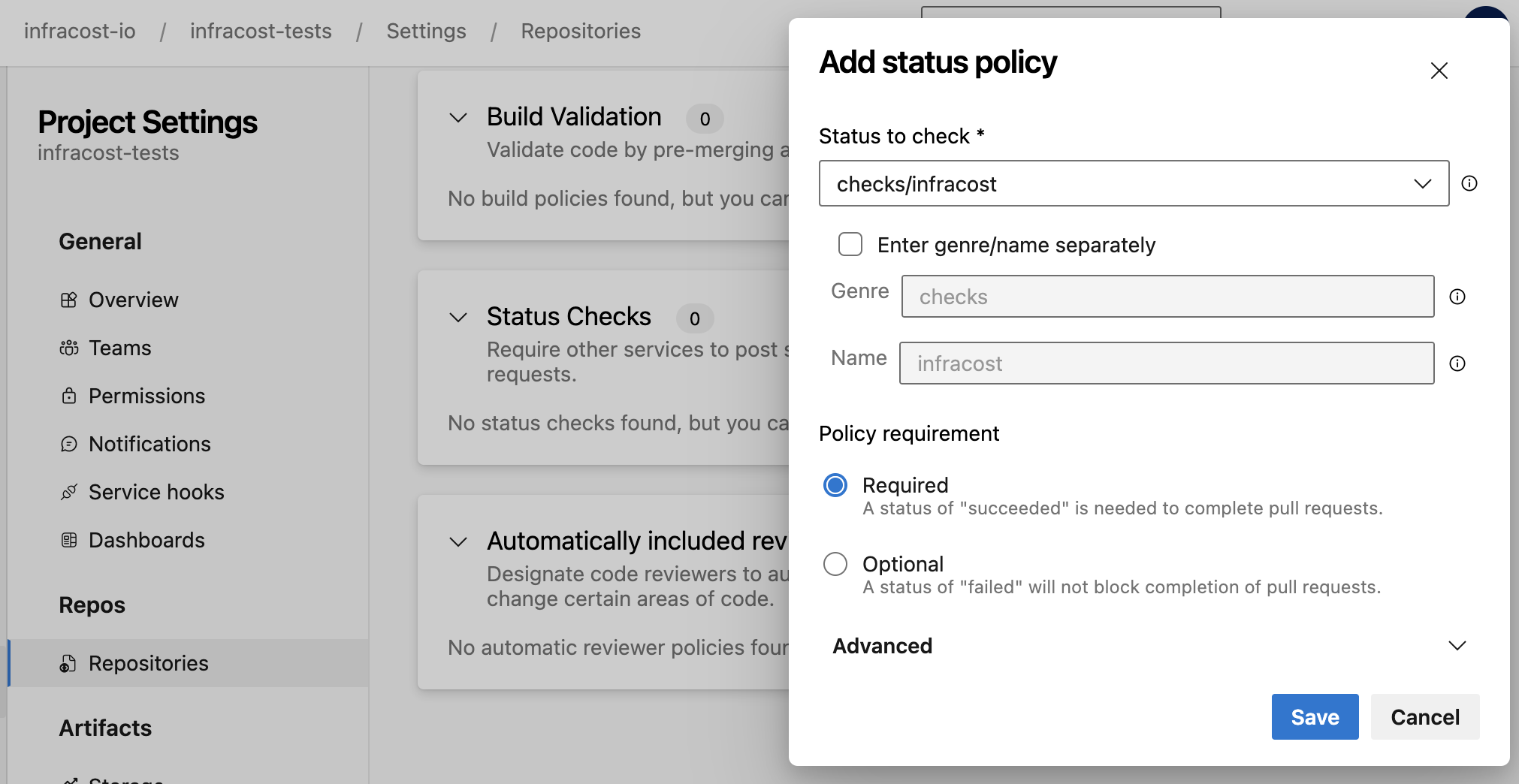 Configure Azure Repos to require status checks to pass before pull requests can be merged