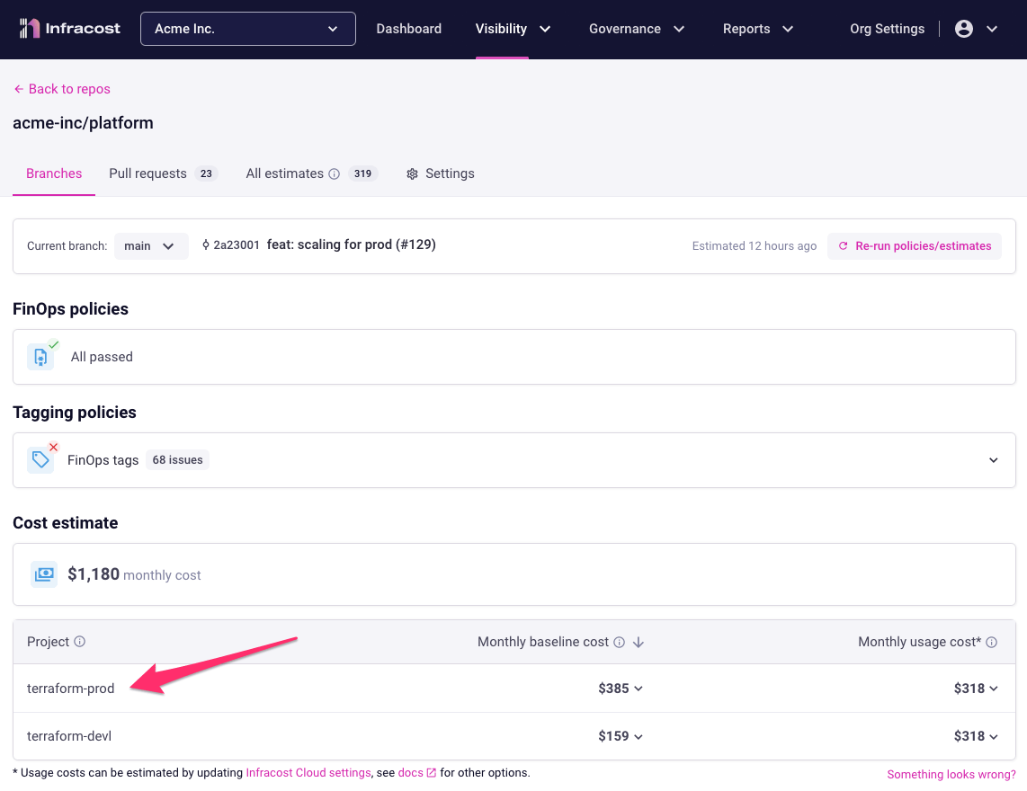 Project name in Infracost Cloud