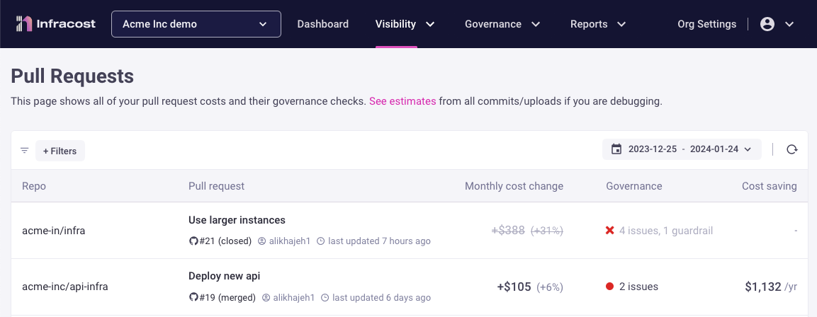 Infracost Cloud shows pull request cost changes