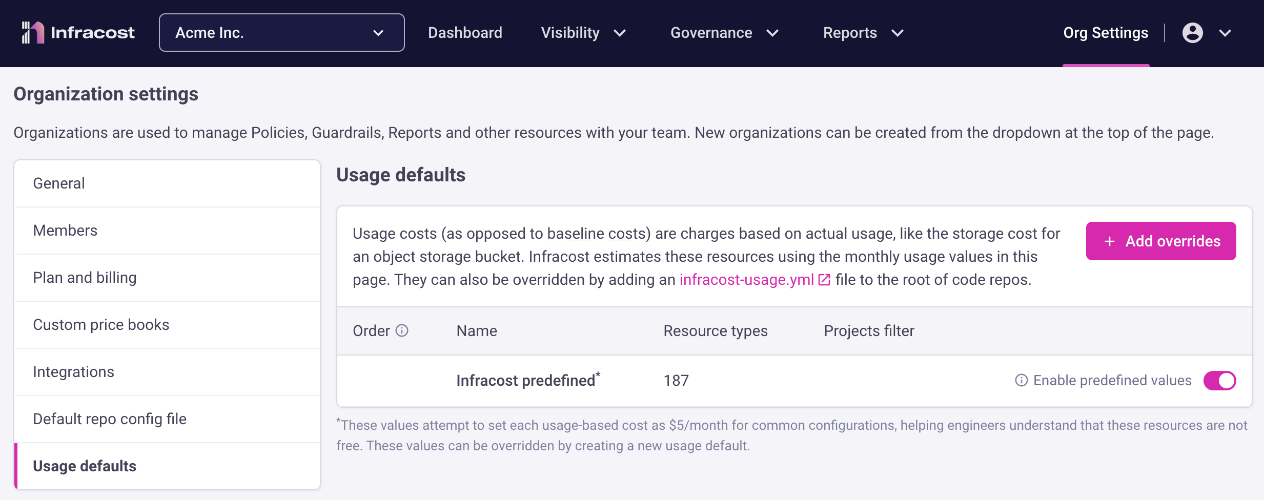 Usage defaults in Infracost Cloud