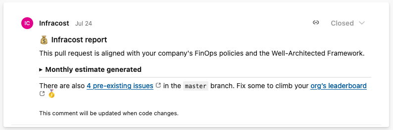 Infracost automatically leaves a comment on every pull request